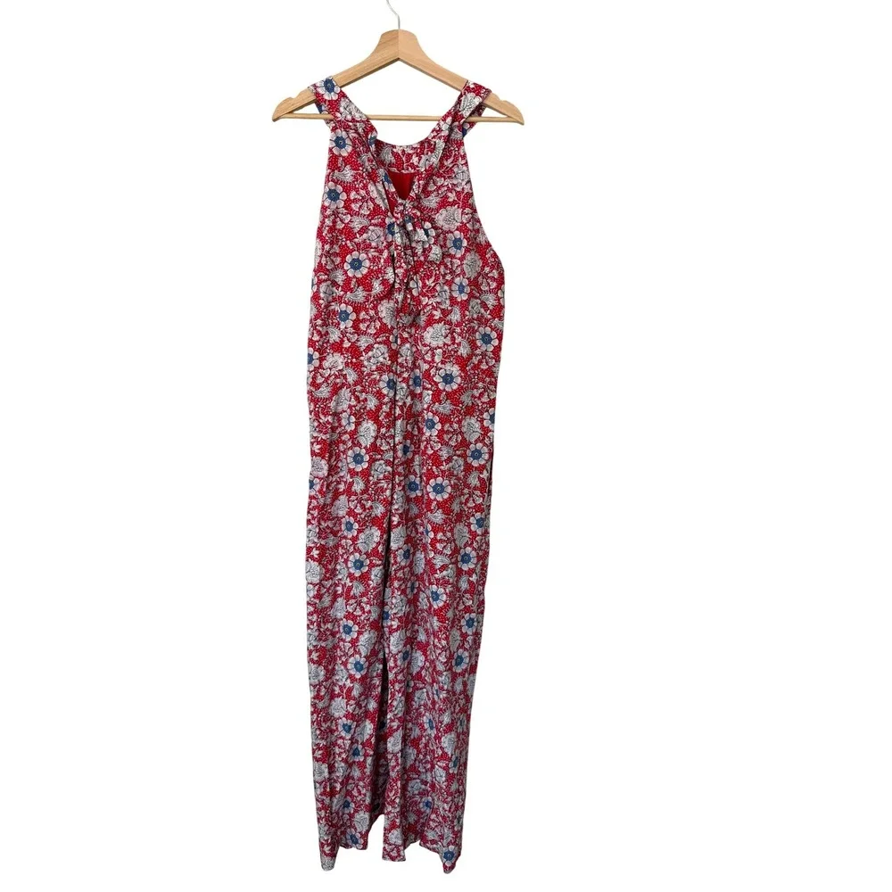 LOFT Outlet Red Floral Halter Neck Wide Leg‎ Jumpsuit Tie Back Womens 14